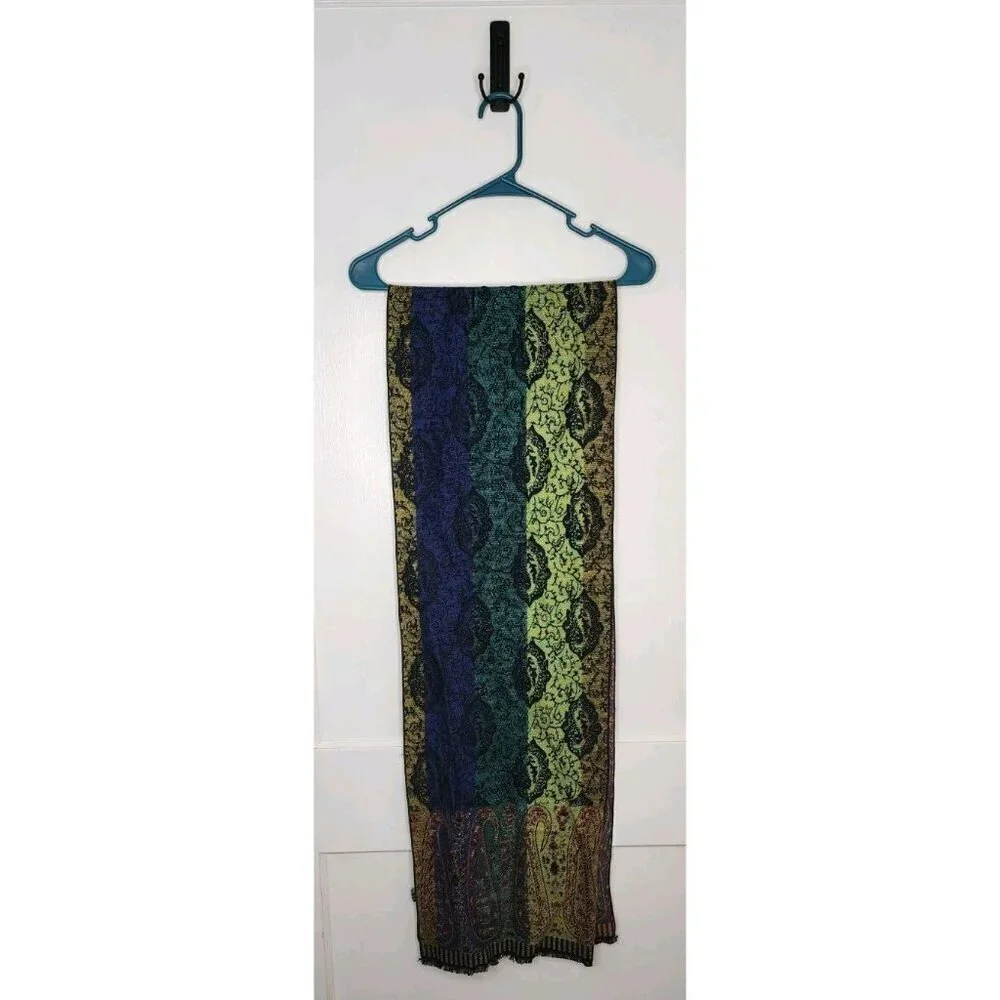 100% Cashmere Winter Scarf Blue Green Multicolor Fringe Reversible Soft